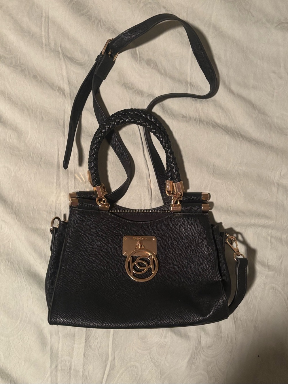 Bebe Black Women's Satchel with Braided Handles and Gold Accents